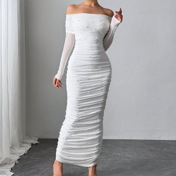 Dresses & Skirts - White Elegant Women's Open Shoulder Ruched Maxi Dress with Pearl Decor